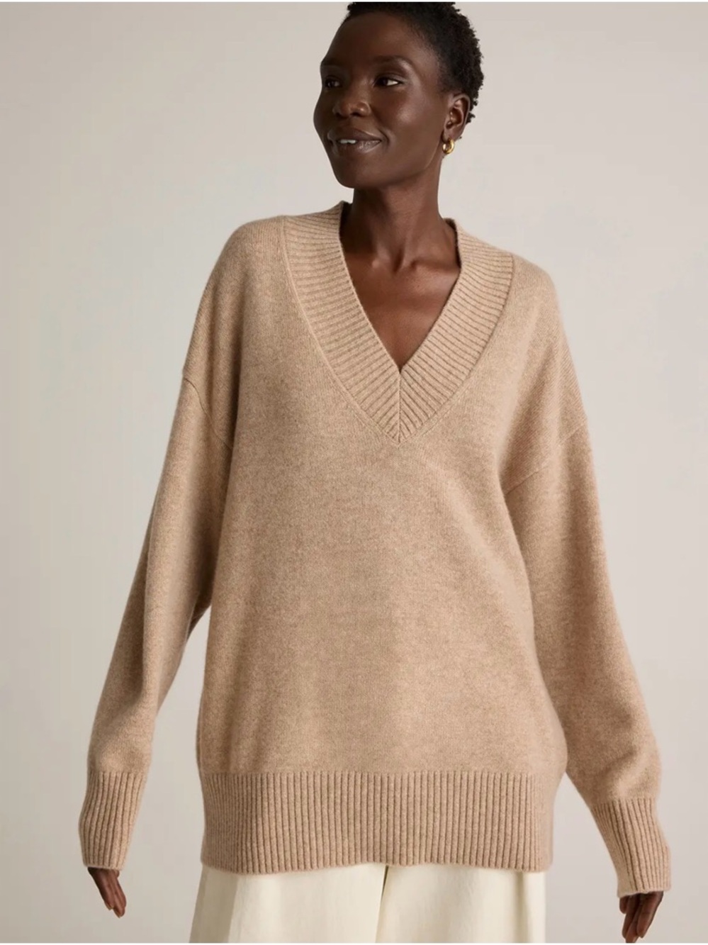 Quince Brand New Oversized Mongolian V-Neck Sweater in Ivory